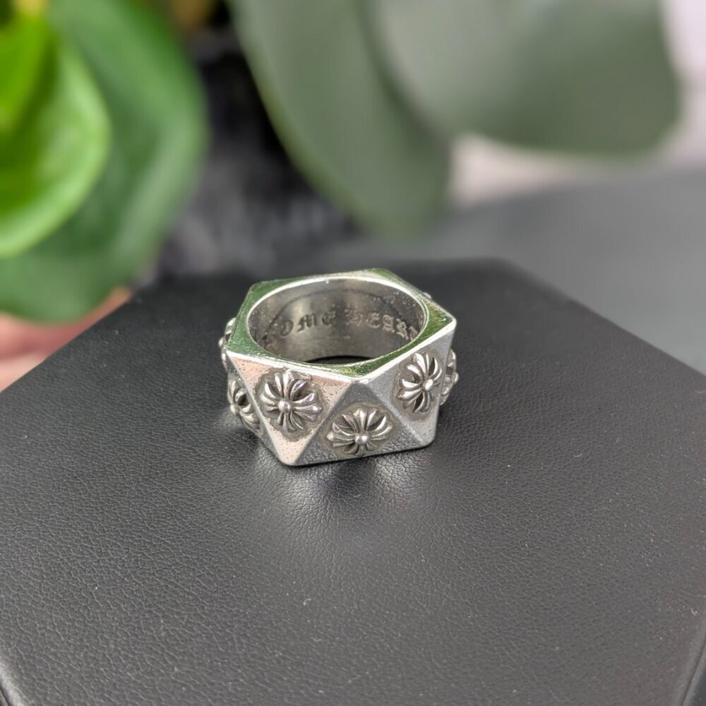 Unisex 5 sided pentagonal crosses antiqued silver color ring, US 10